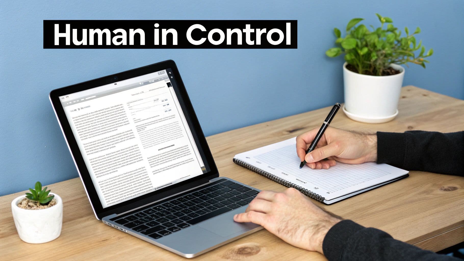 A person works on a laptop and writes in a notebook on a wooden desk, with text 'Human in Control'.