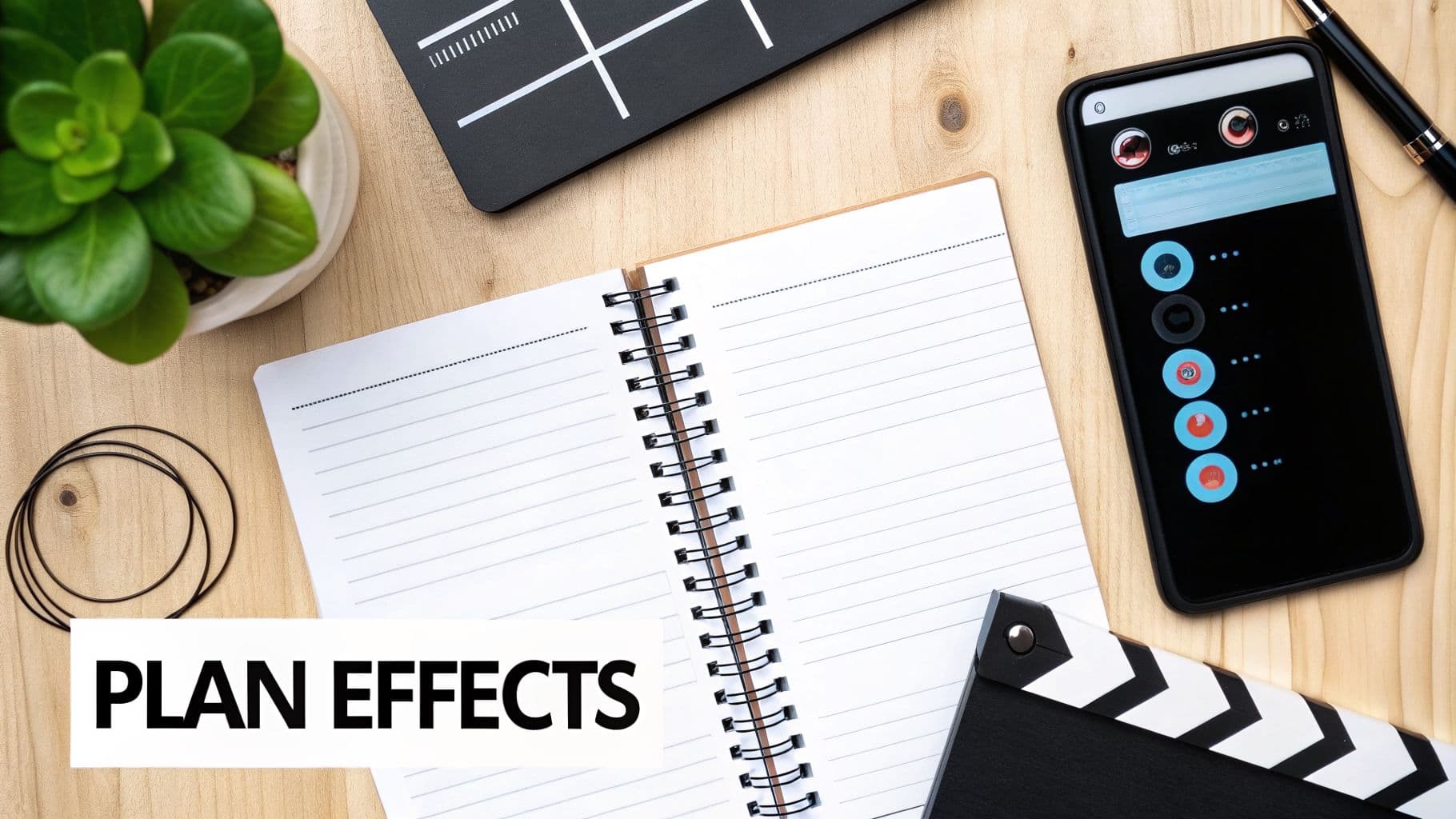 A flat lay of a desk with a notebook, smartphone, clapperboard, and plant, with text 'PLAN EFFECTS'.