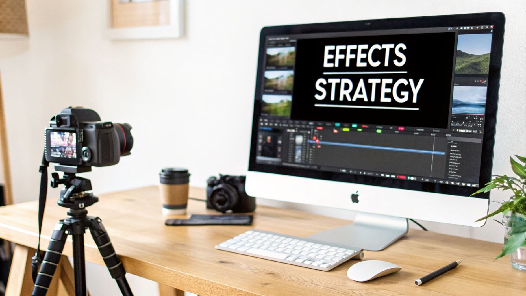 A professional video editing setup with a camera on a tripod and an iMac displaying 'EFFECTS STRATEGY' on screen.