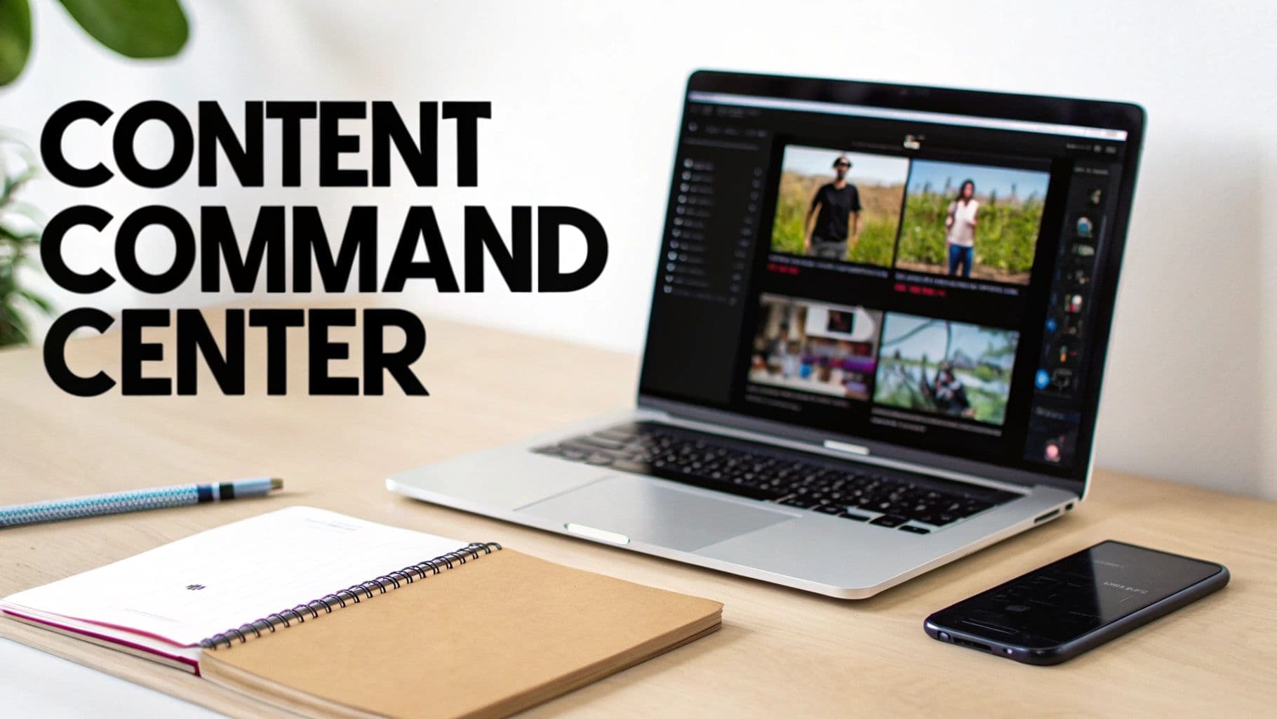 A laptop on a wooden desk showing video editing software, with a notebook, pen, and smartphone.