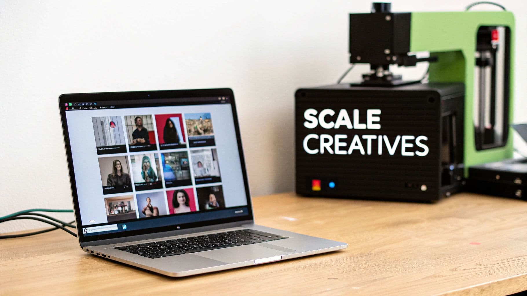A laptop displays a grid of images next to a machine labeled 'SCALE CREATIVES' on a wooden desk.