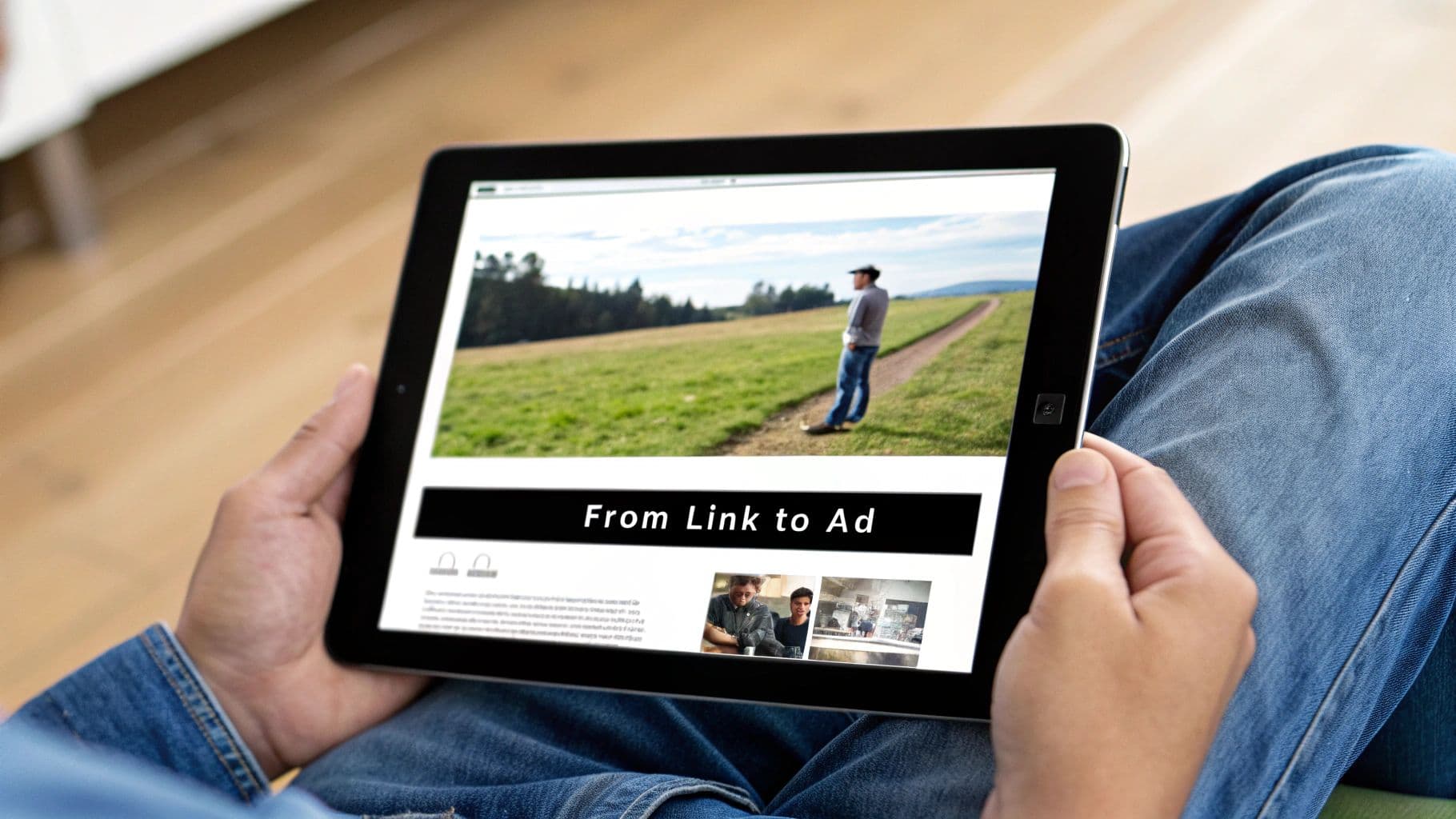 A person holds a tablet displaying a webpage titled 'From Link to Ad' with a scenic outdoor image.