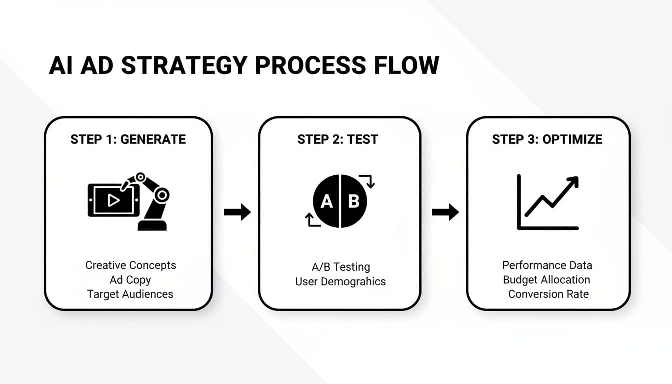 An AI ad strategy process flow showing three steps: generate, test, and optimize for marketing campaigns.