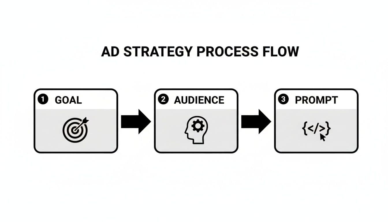 A strategic ad generation flowchart, illustrating steps: Goal, Audience, and Prompt for AI.