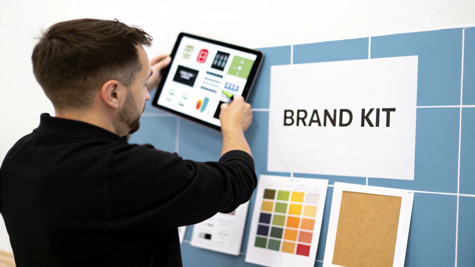 Man interacting with a tablet displaying brand designs, next to a 'BRAND KIT' sign on a blue wall.