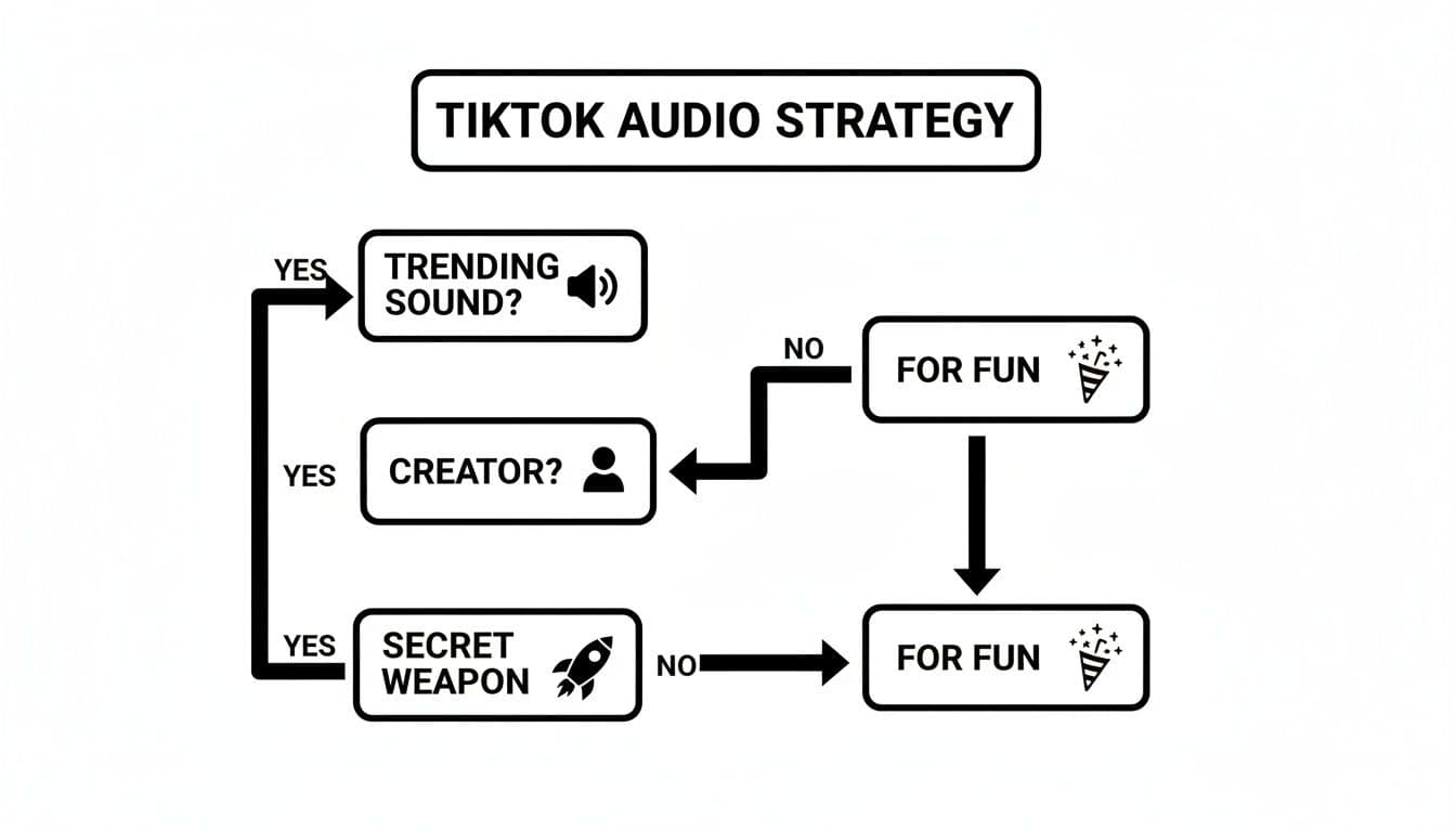 A flowchart illustrating a TikTok audio strategy, guiding users through trending sounds, creator choices, and secret weapons for fun.