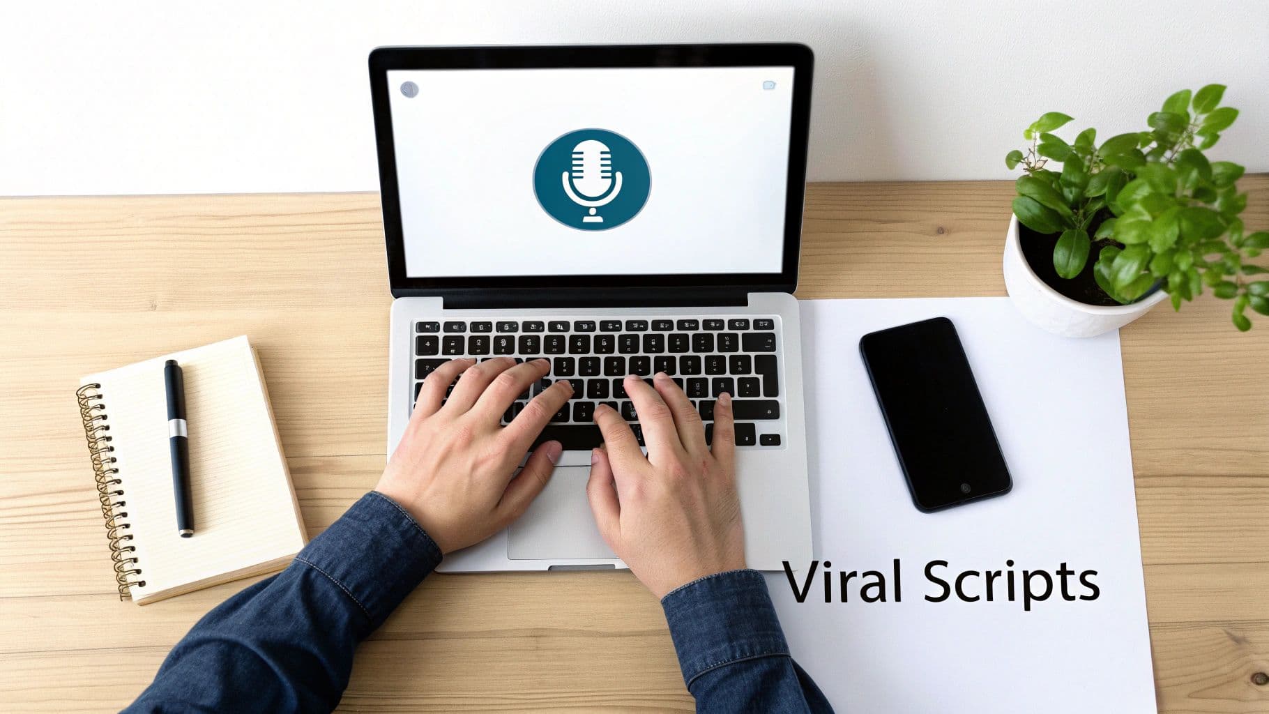 Overhead shot of hands typing on a laptop displaying a microphone icon, with a notebook and phone on a desk.