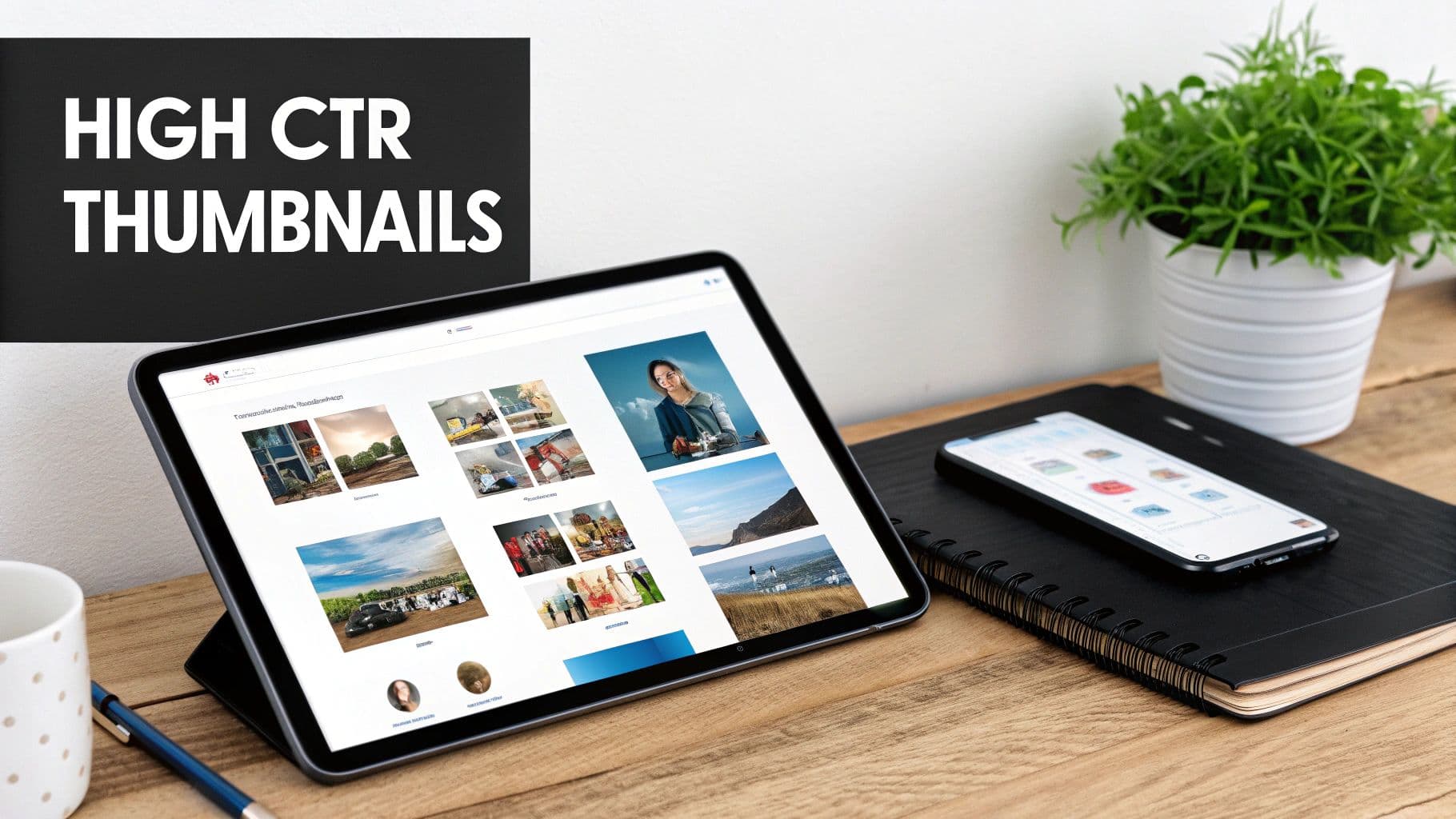A wooden desk with a tablet displaying 'HIGH CTR THUMBNAILS' banner, various photos, a smartphone, and a green plant.